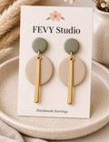 Sage Green Beige Polymer Clay Dangle Earrings, Modern Minimalist Gold Statement Handmade
