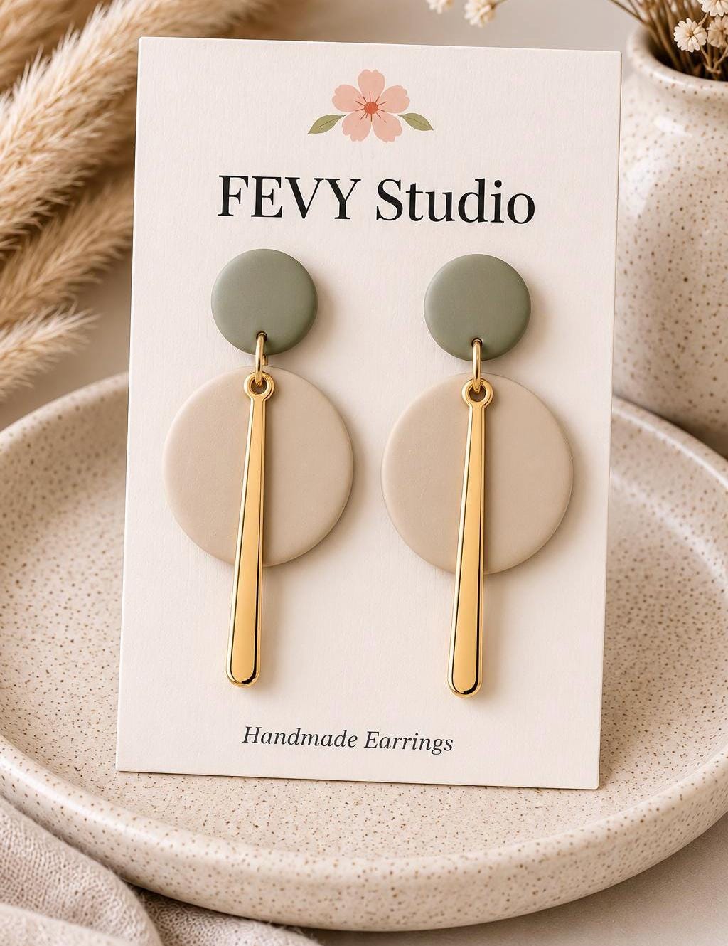 Sage Green Beige Polymer Clay Dangle Earrings, Modern Minimalist Gold Statement Handmade