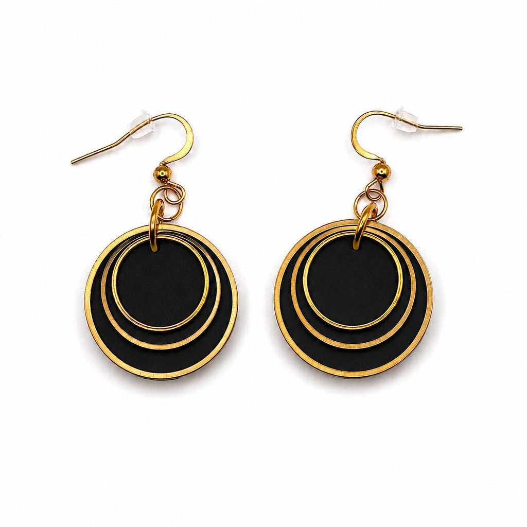 Black Layered Circle Earrings, Boho Polymer Clay Dangle Jewelry, Lightweight Statement Accessory