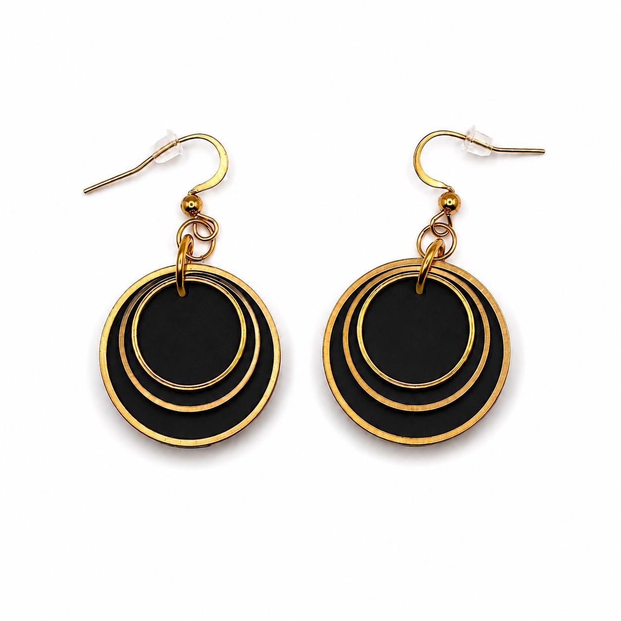 Black Layered Circle Earrings, Boho Polymer Clay Dangle Jewelry, Lightweight Statement Accessory