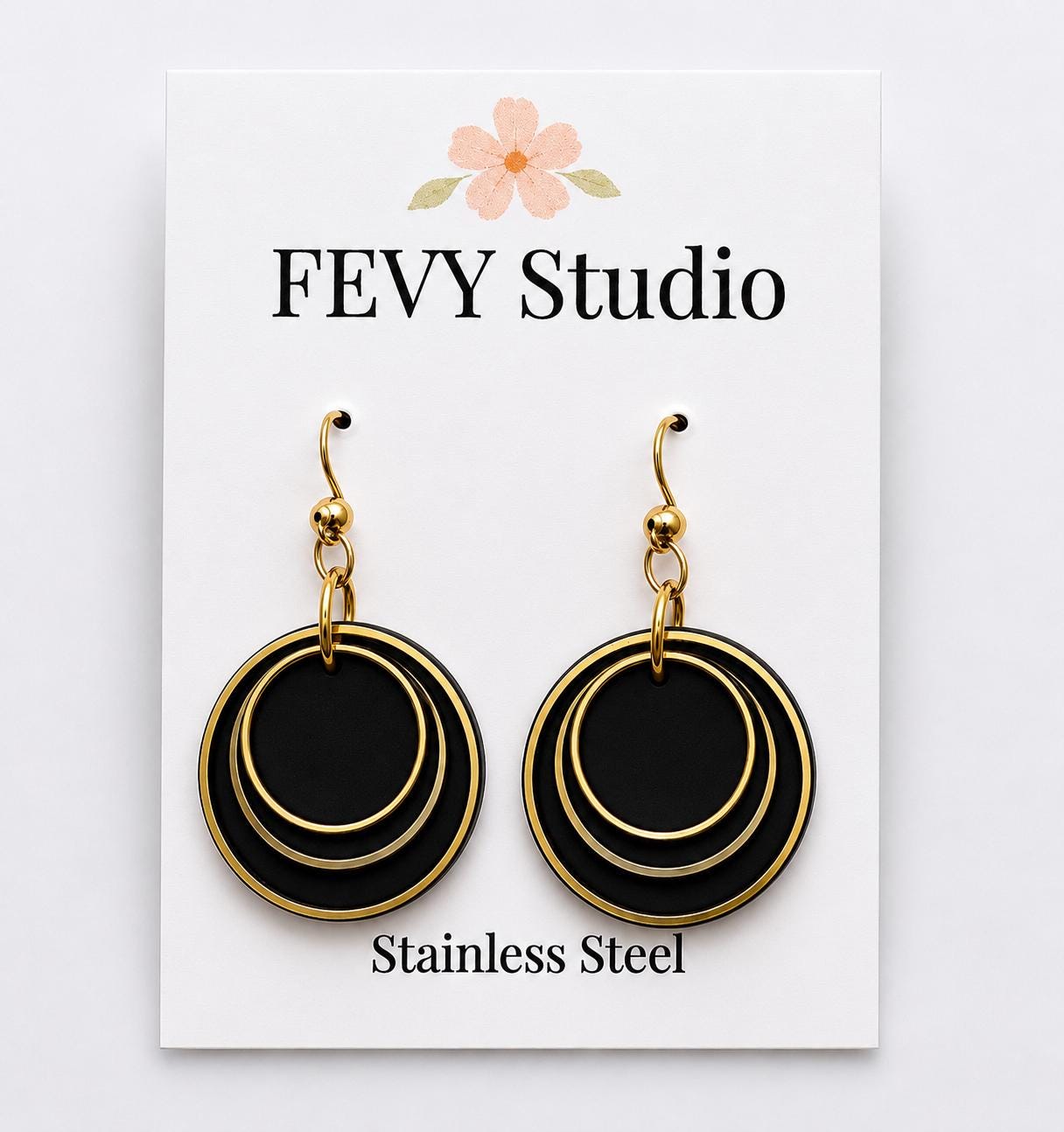 Black Layered Circle Earrings, Boho Polymer Clay Dangle Jewelry, Lightweight Statement Accessory