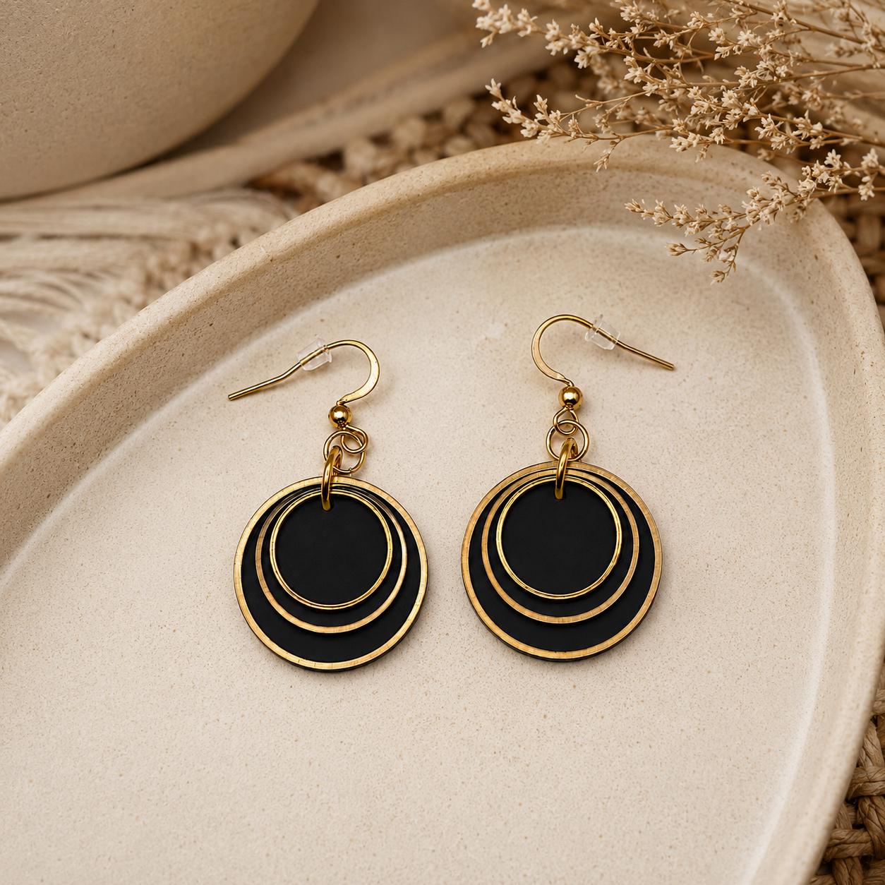 Black Layered Circle Earrings, Boho Polymer Clay Dangle Jewelry, Lightweight Statement Accessory