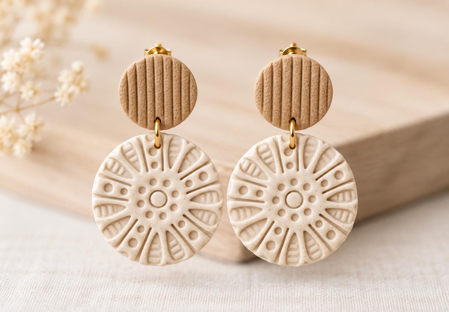 Neutral Beige Embossed Dangle Earrings, Boho Polymer Clay Statement Jewelry
