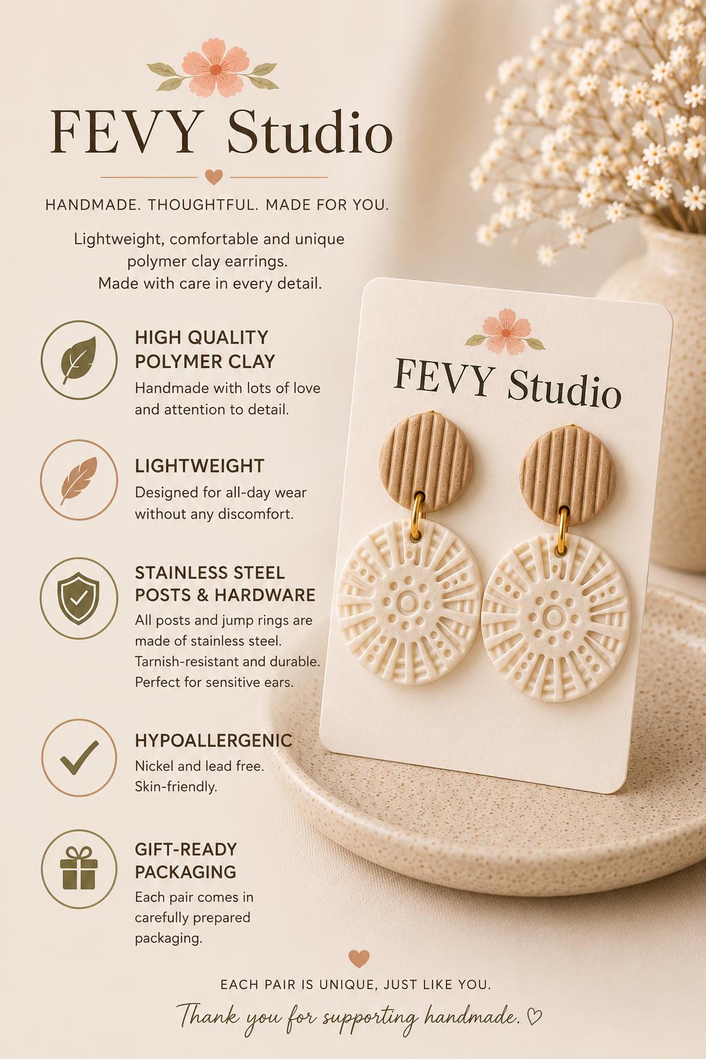 Neutral Beige Embossed Dangle Earrings, Boho Polymer Clay Statement Jewelry