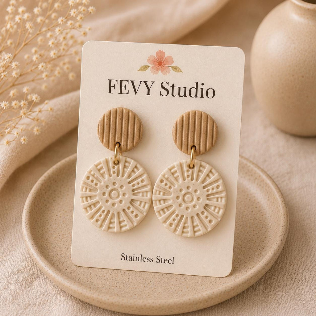 Neutral Beige Embossed Dangle Earrings, Boho Polymer Clay Statement Jewelry