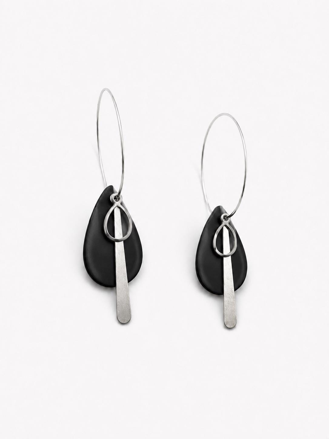 Black Teardrop Polymer Clay Earrings, Modern Silver Hoop Minimalist Jewelry