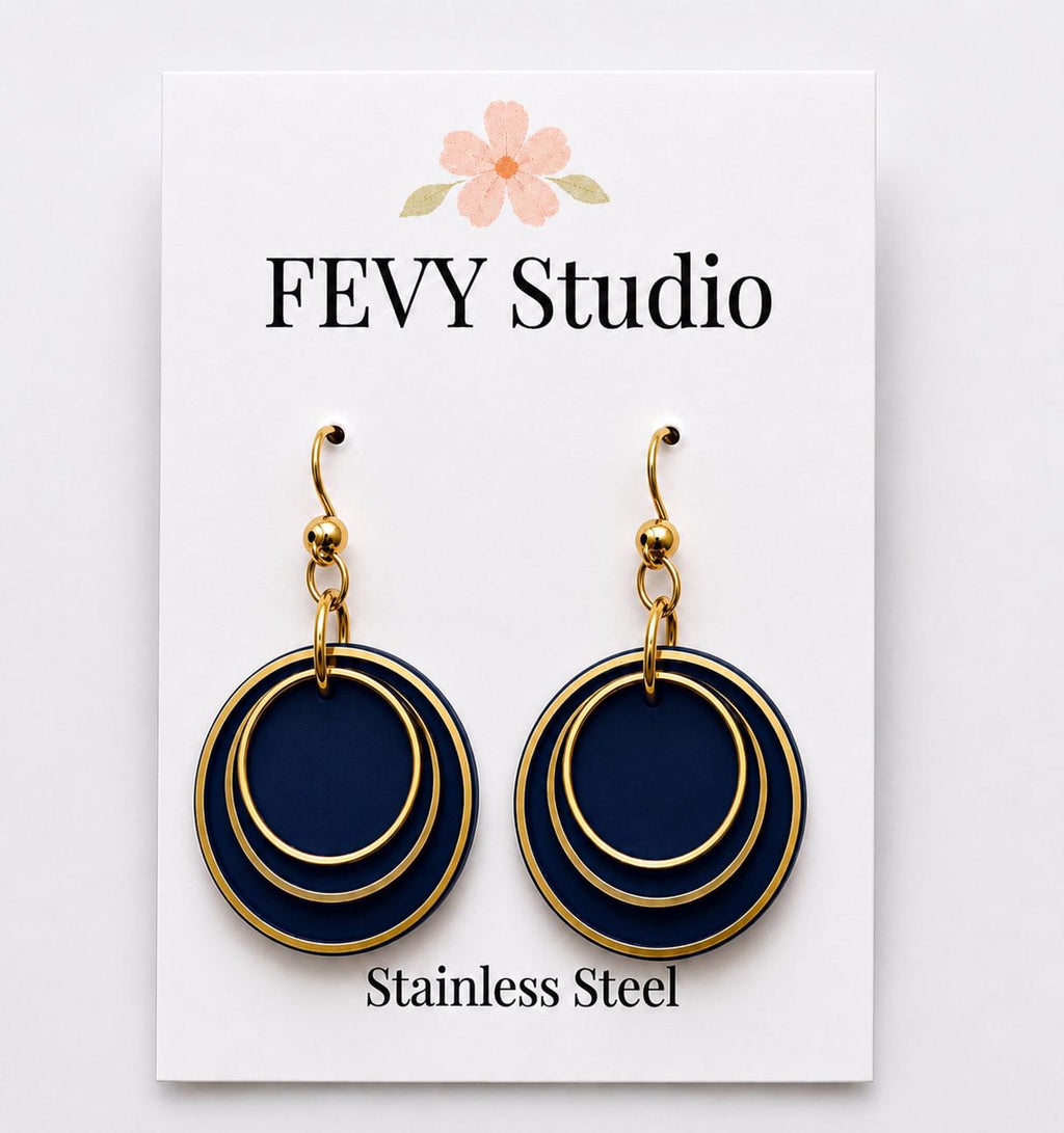 Navy Blue Layered Circle Earrings, Boho Polymer Clay Dangle Jewelry, Lightweight Statement Accessory