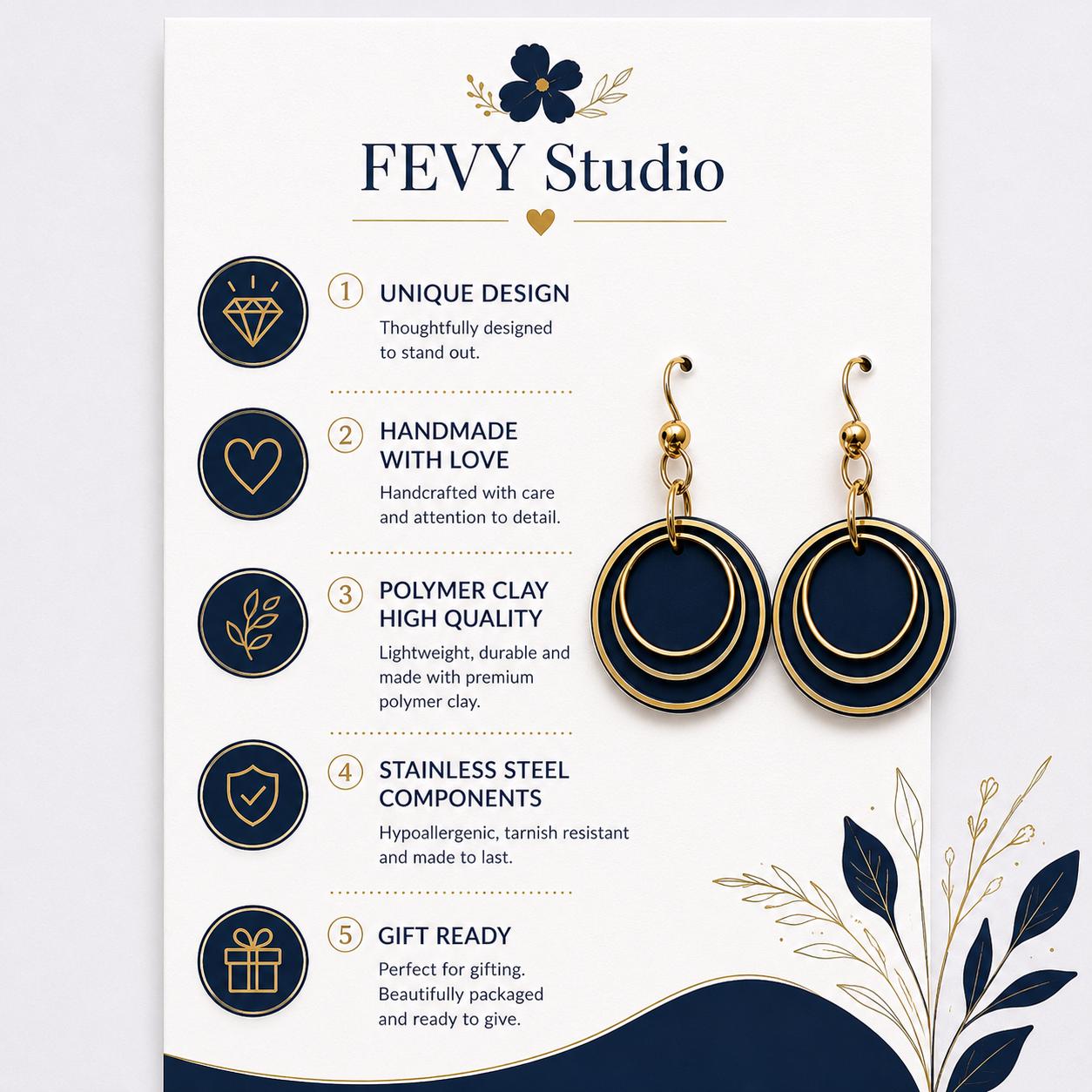 Navy Blue Layered Circle Earrings, Boho Polymer Clay Dangle Jewelry, Lightweight Statement Accessory