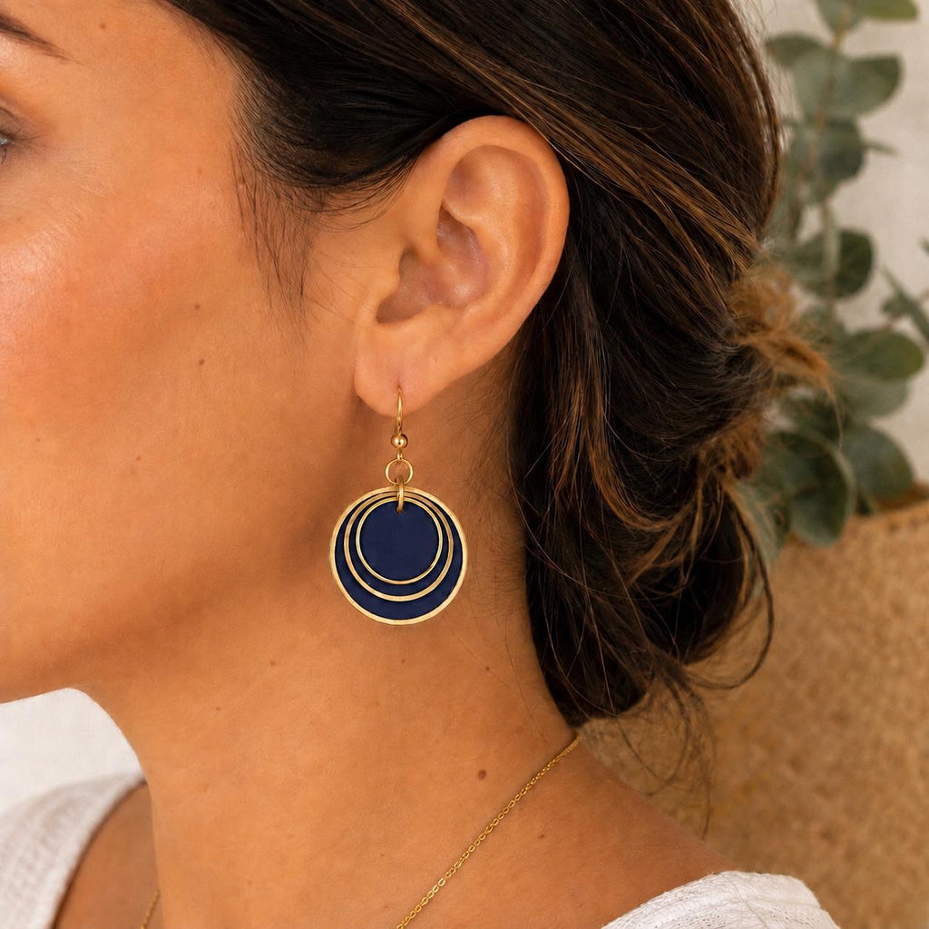 Navy Blue Layered Circle Earrings, Boho Polymer Clay Dangle Jewelry, Lightweight Statement Accessory