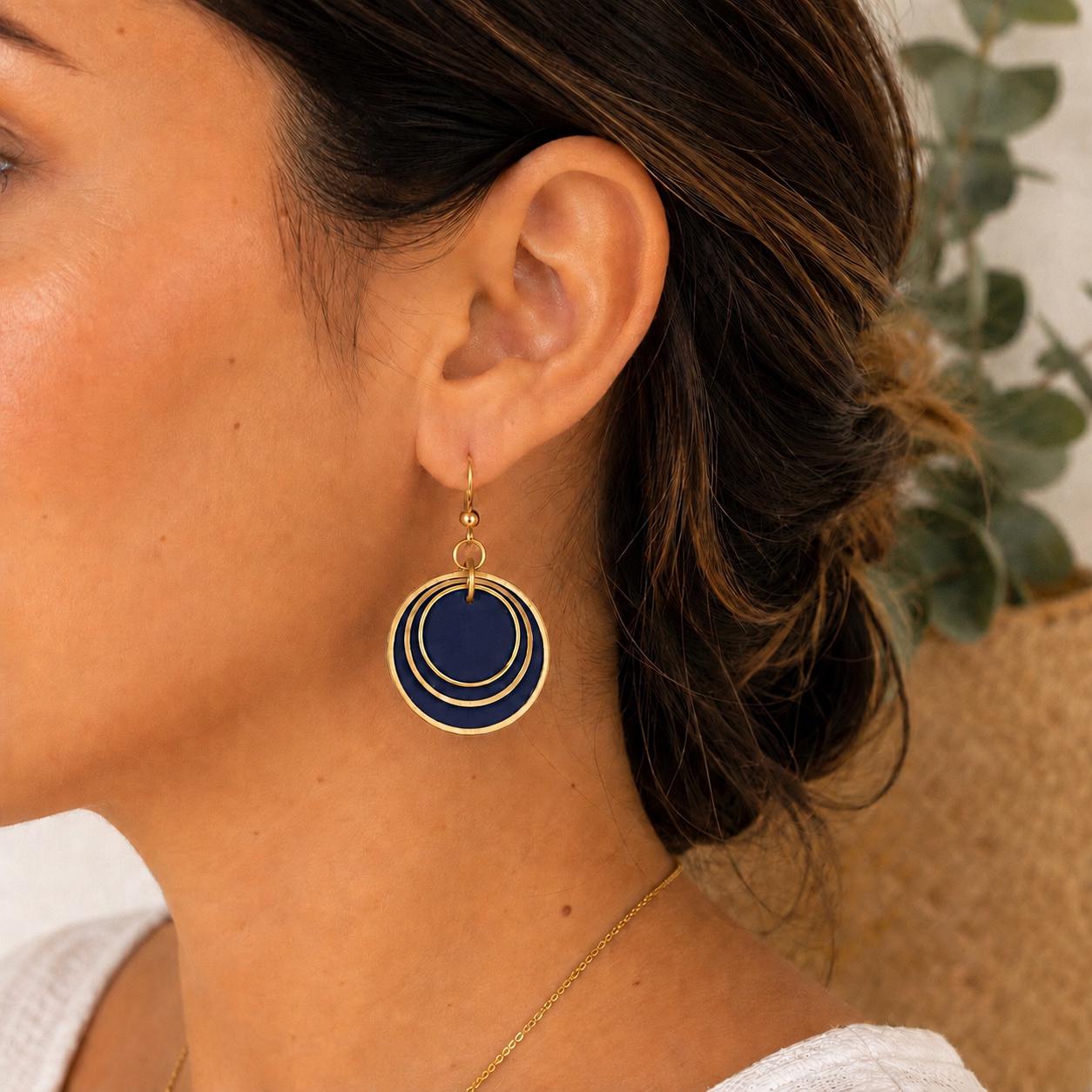 Navy Blue Layered Circle Earrings, Boho Polymer Clay Dangle Jewelry, Lightweight Statement Accessory