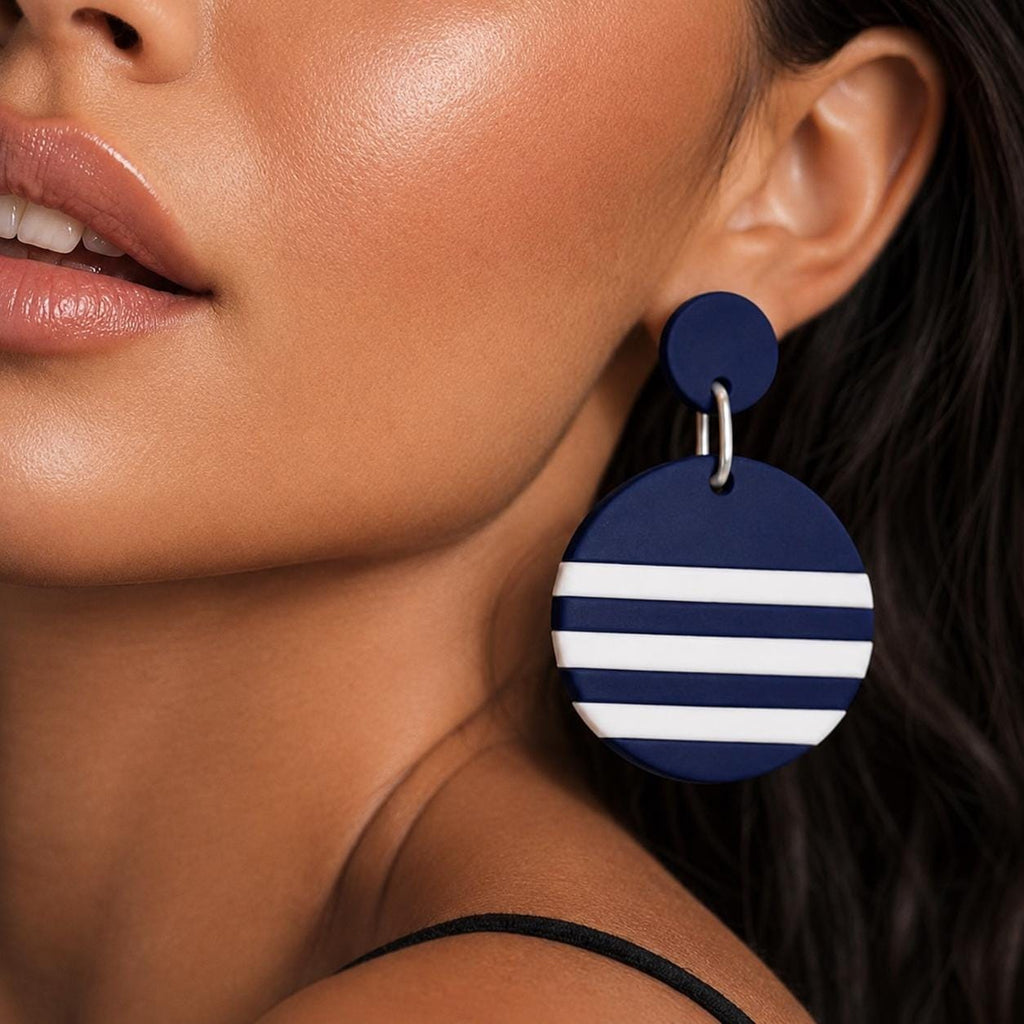 Navy Blue Stripe Polymer Clay Earrings, Handmade Statement Dangle Earrings, Lightweight Earrings, Stainless Steel Posts, Modern Minimalist