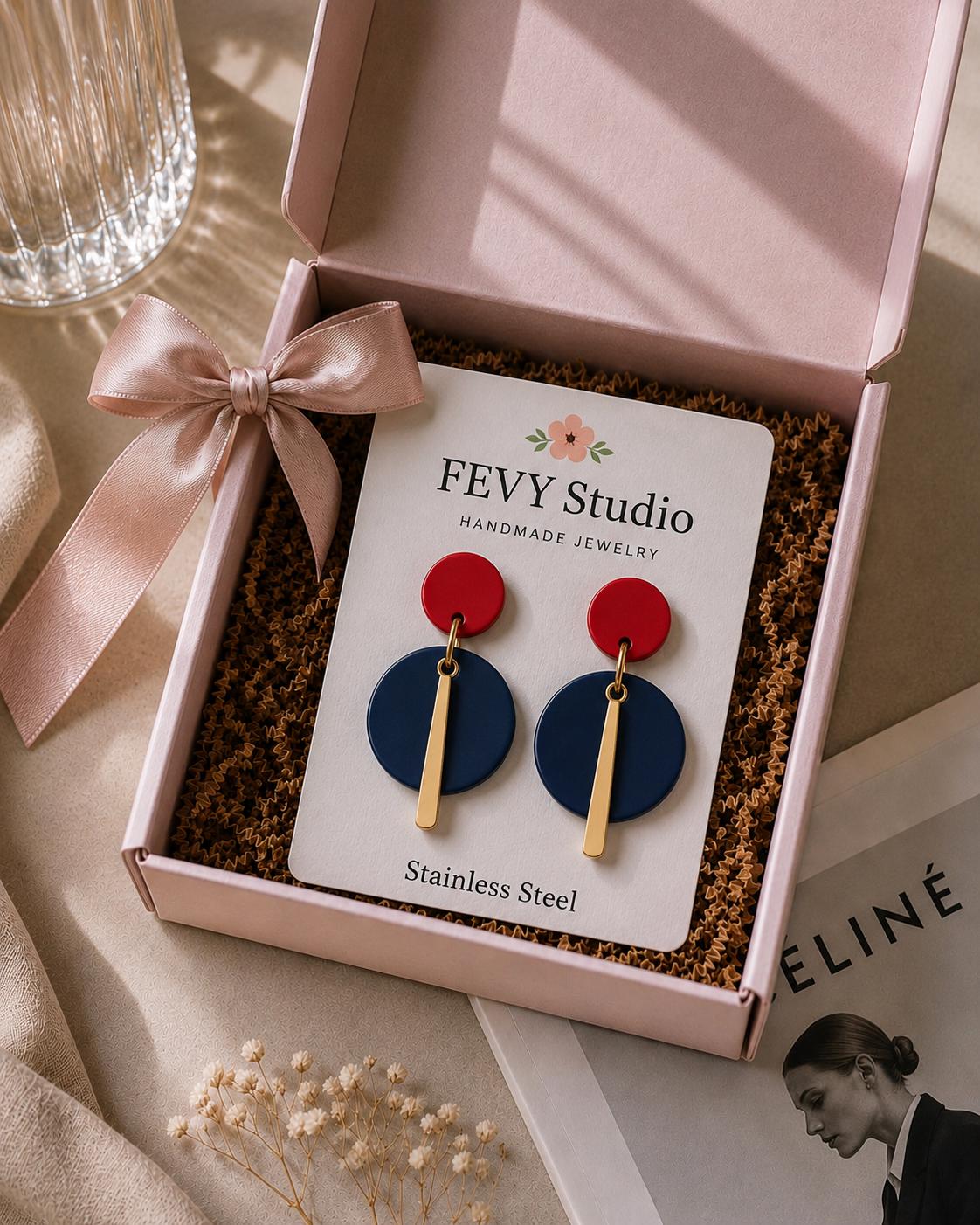 Red & Navy Blue Polymer Clay Statement Earrings, Handmade Lightweight Dangle Earrings, Modern Gold Bar Jewelry, Stainless Steel