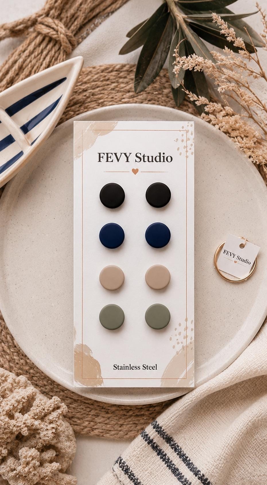 Polymer Clay Stud Earrings Set, Neutral Tones, Hypoallergenic Stainless Steel Posts