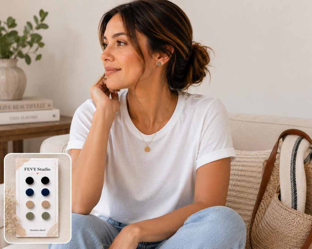 Polymer Clay Stud Earrings Set, Neutral Tones, Hypoallergenic Stainless Steel Posts