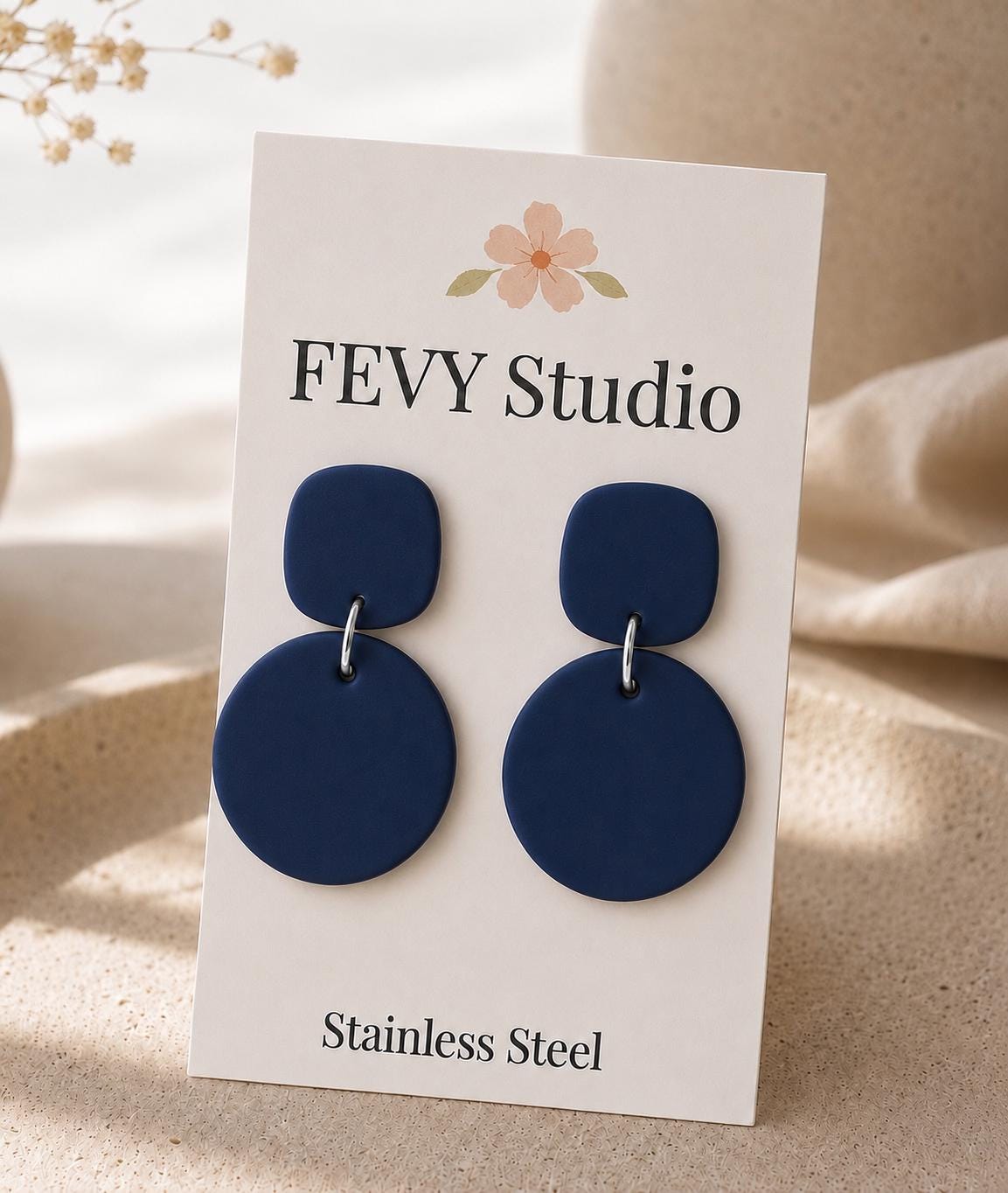 Navy Blue Polymer Clay Dangle Earrings, Handmade Lightweight Statement Earrings, Modern Minimalist Jewelry, Stainless Steel Gift