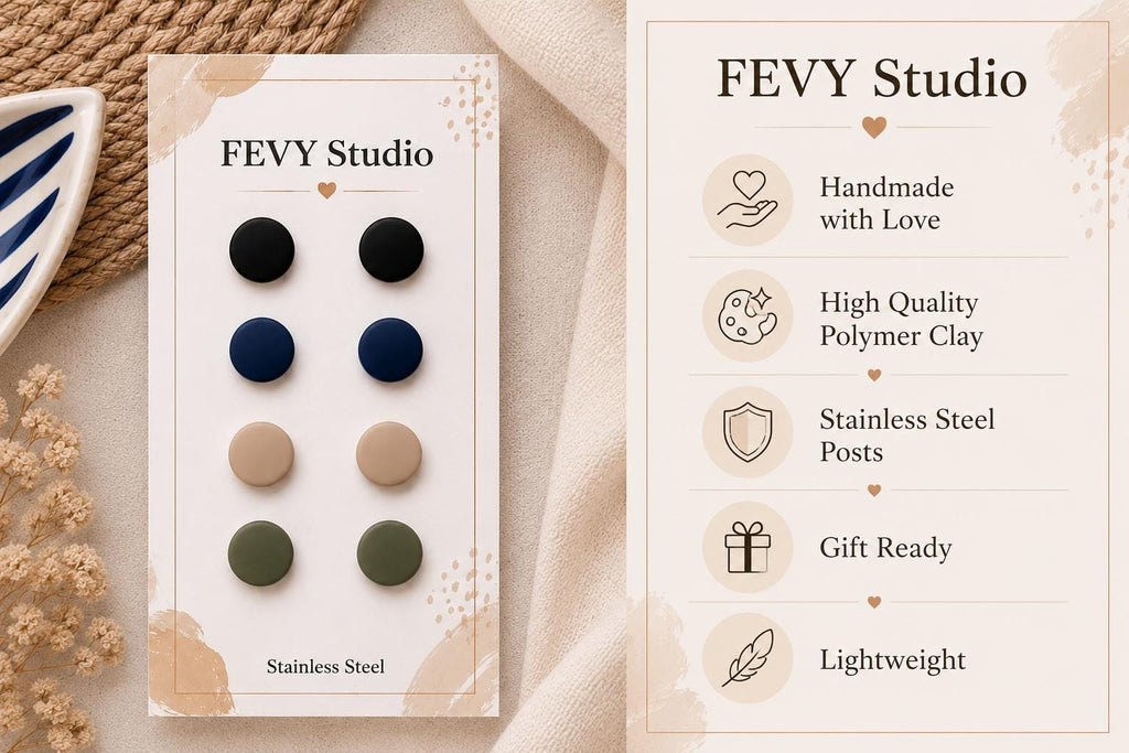 Polymer Clay Stud Earrings Set, Neutral Tones, Hypoallergenic Stainless Steel Posts