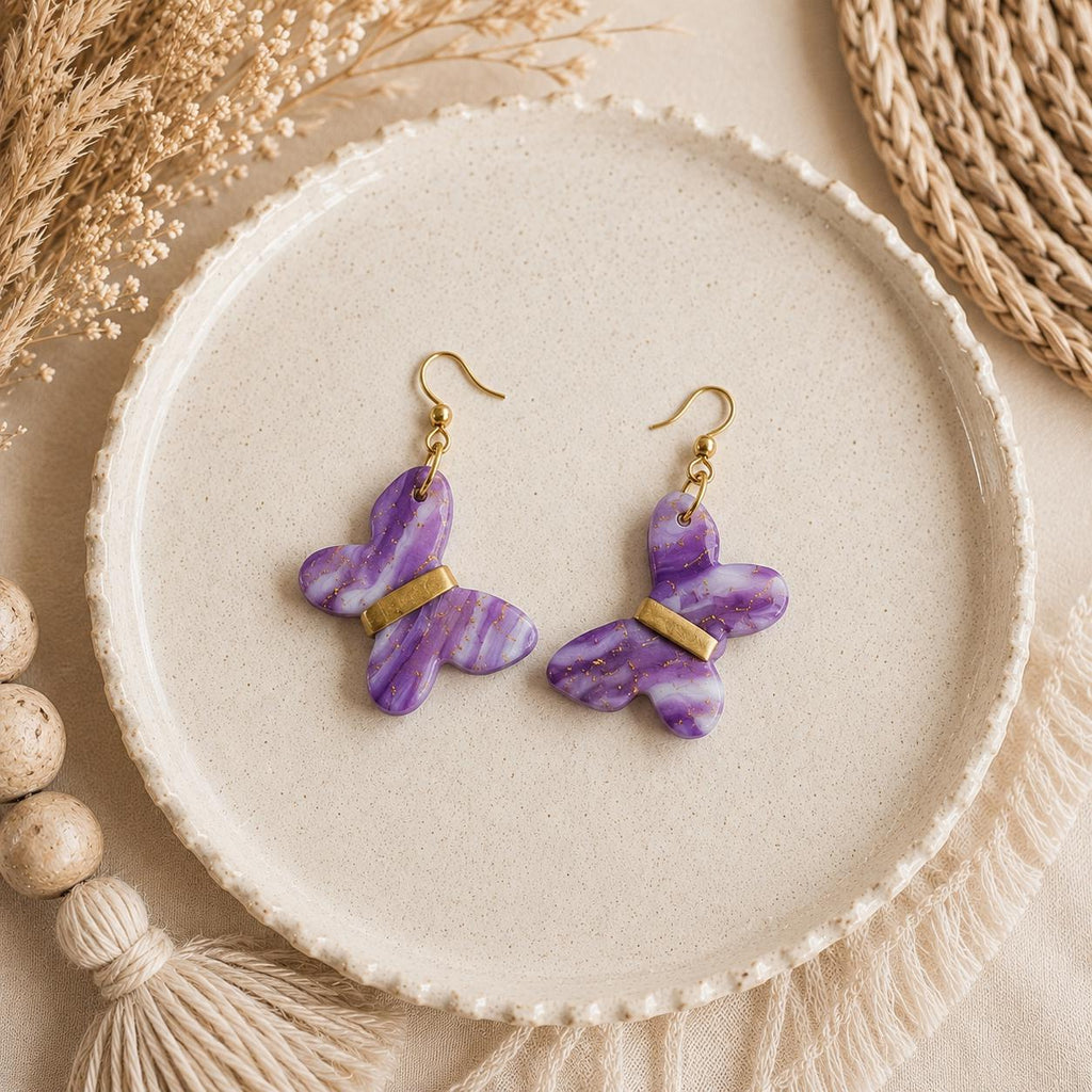 Marbled Purple Butterfly Earrings | Handmade Polymer Clay, Stainless Steel Hooks, Cancer Cause Donation