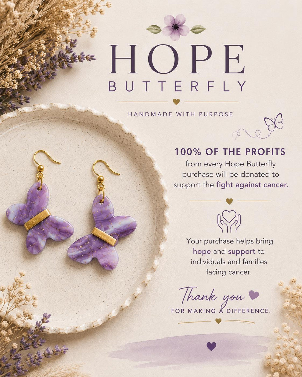 Marbled Purple Butterfly Earrings | Handmade Polymer Clay, Stainless Steel Hooks, Cancer Cause Donation
