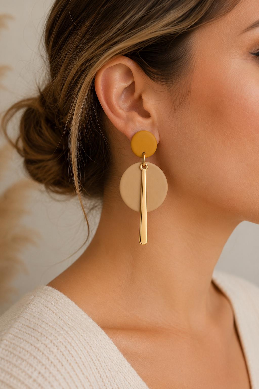 Mustard Polymer Clay Earrings, Modern Geometric Dangle Earrings, Handmade Statement Earrings, Lightweight Gift for Her