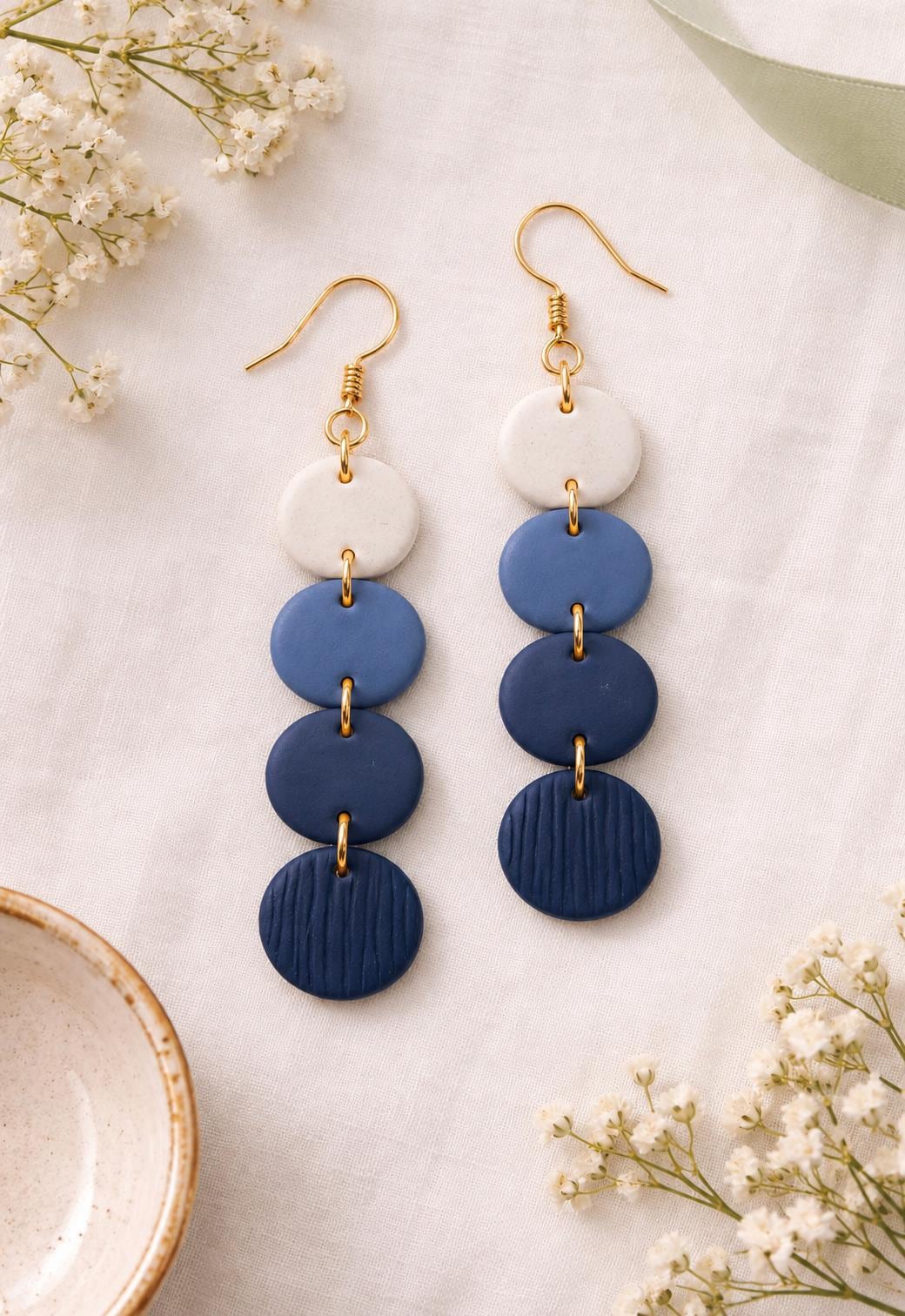 Navy Blue Disc Earrings | Lightweight Dangle, Gold Stainless Steel Hooks