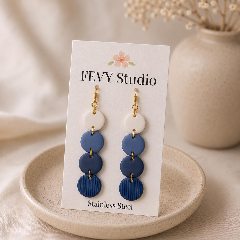 Navy Blue Disc Earrings | Lightweight Dangle, Gold Stainless Steel Hooks
