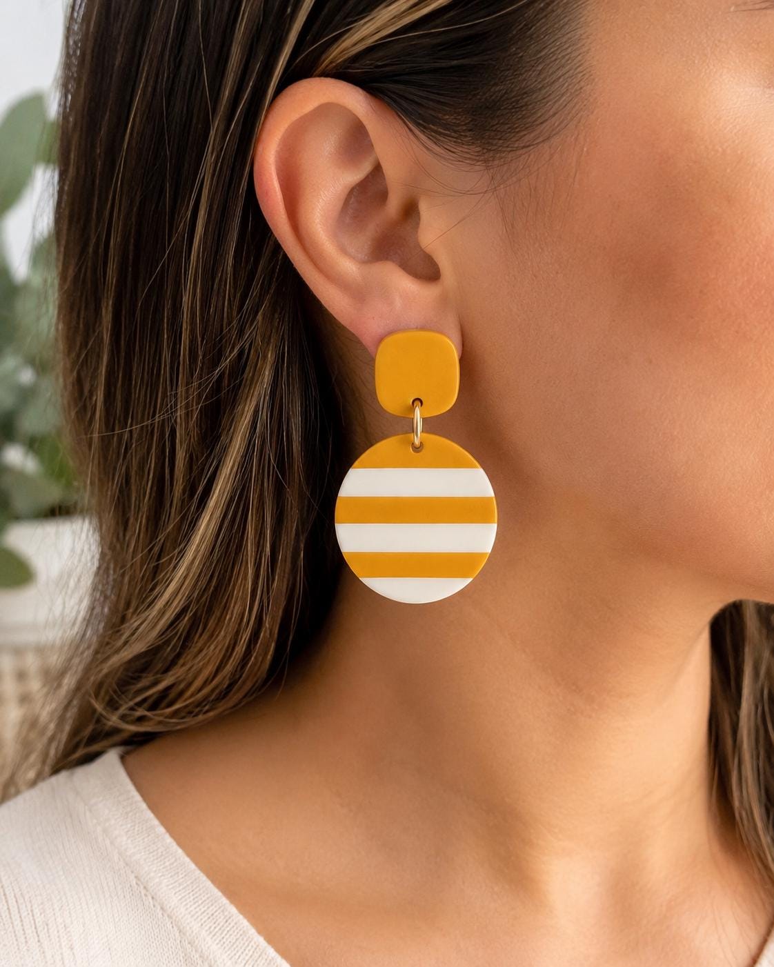 Mustard & Ivory Striped Polymer Clay Earrings | Handmade Statement Dangle Earrings | Lightweight Stainless Steel Earrings | Modern Boho