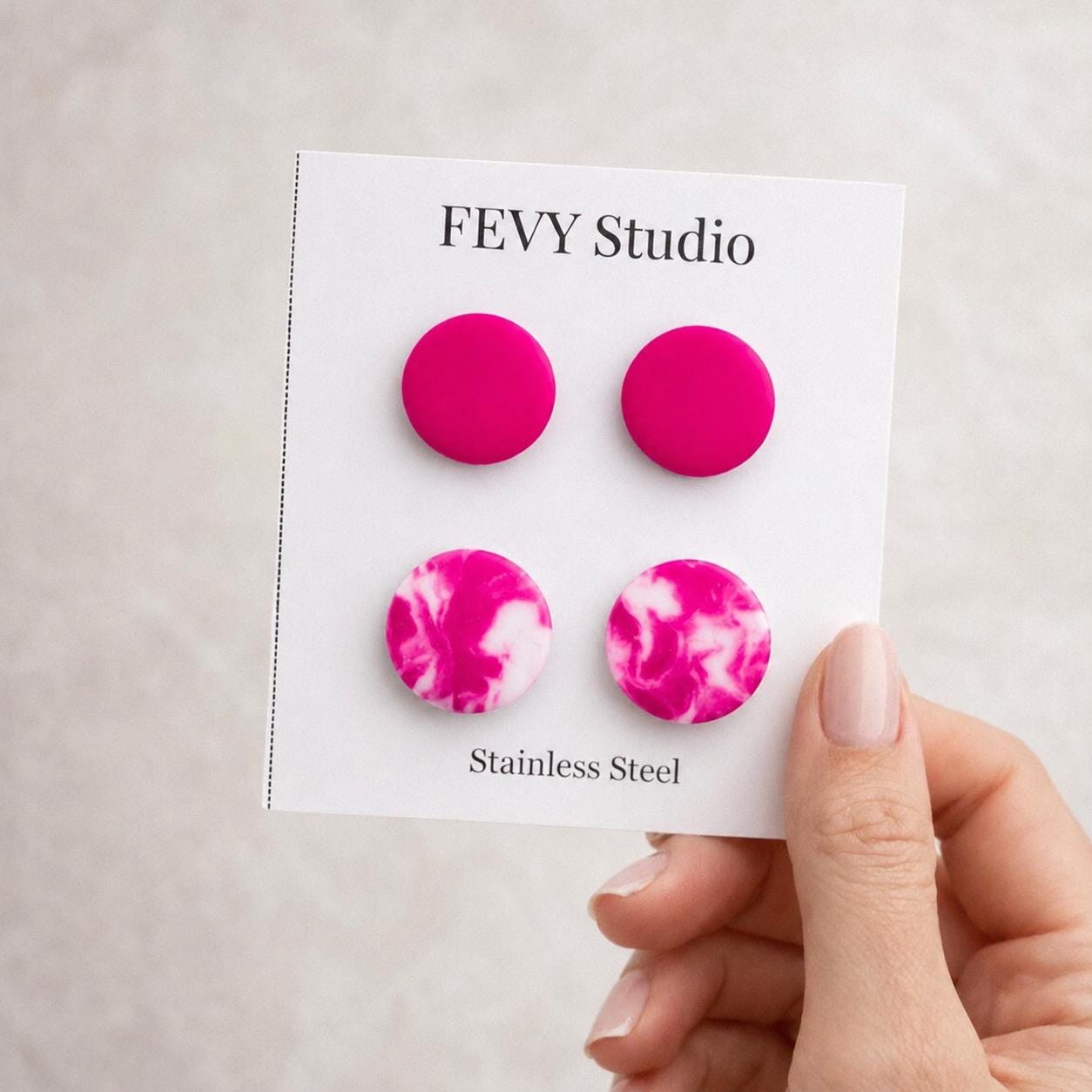 Hot Pink Stud Earrings Set | Fuchsia Polymer Clay Earrings | Minimalist Black & Pink Marble Studs | Stainless Steel Gift for Women