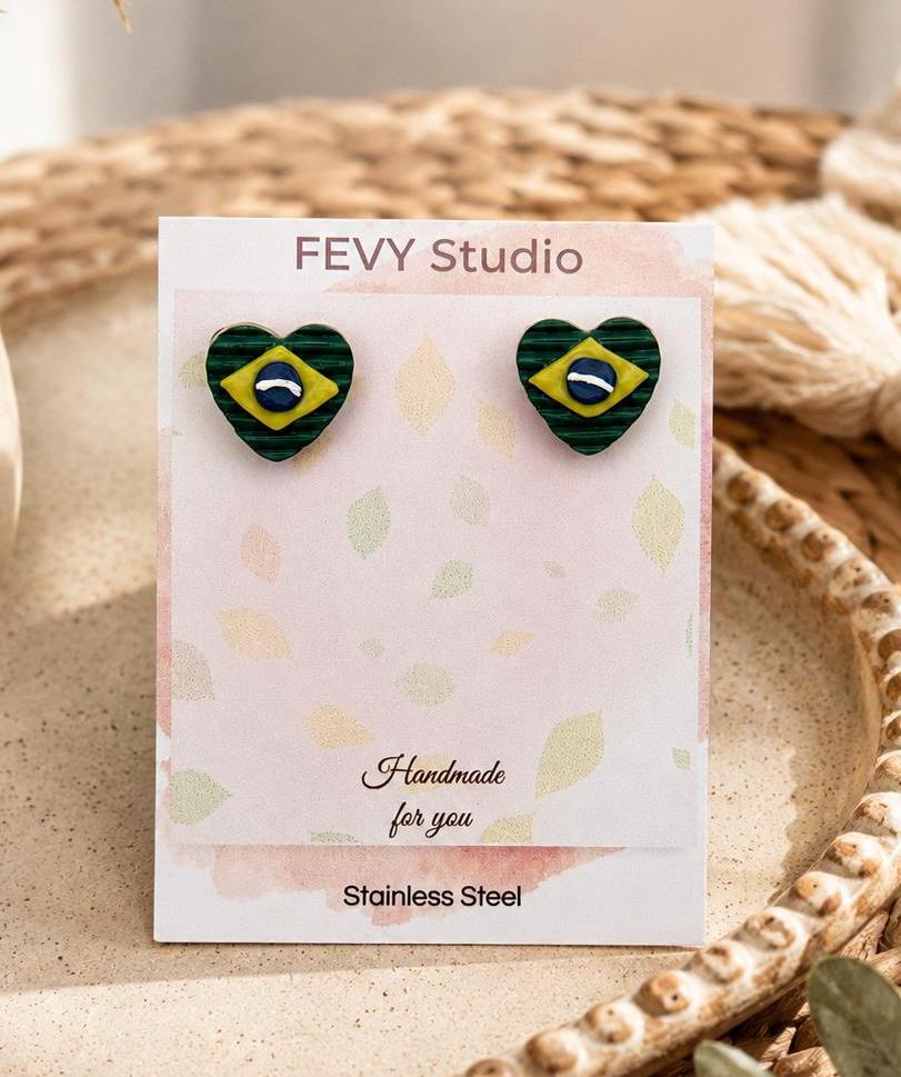 Brazil Flag Heart Stud Earrings | Handmade Polymer Clay | Soccer Fan Gift