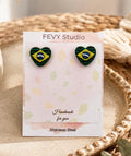 Brazil Flag Heart Stud Earrings | Handmade Polymer Clay | Soccer Fan Gift