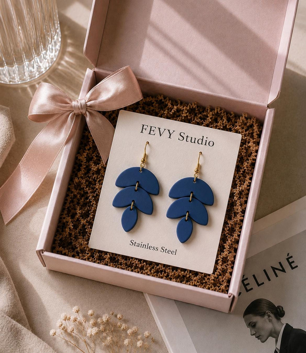 Navy Blue Polymer Clay Earrings, Handmade Statement Dangle Earrings, Lightweight Boho Jewelry, Gold Stainless Steel Hooks, Gift for Her