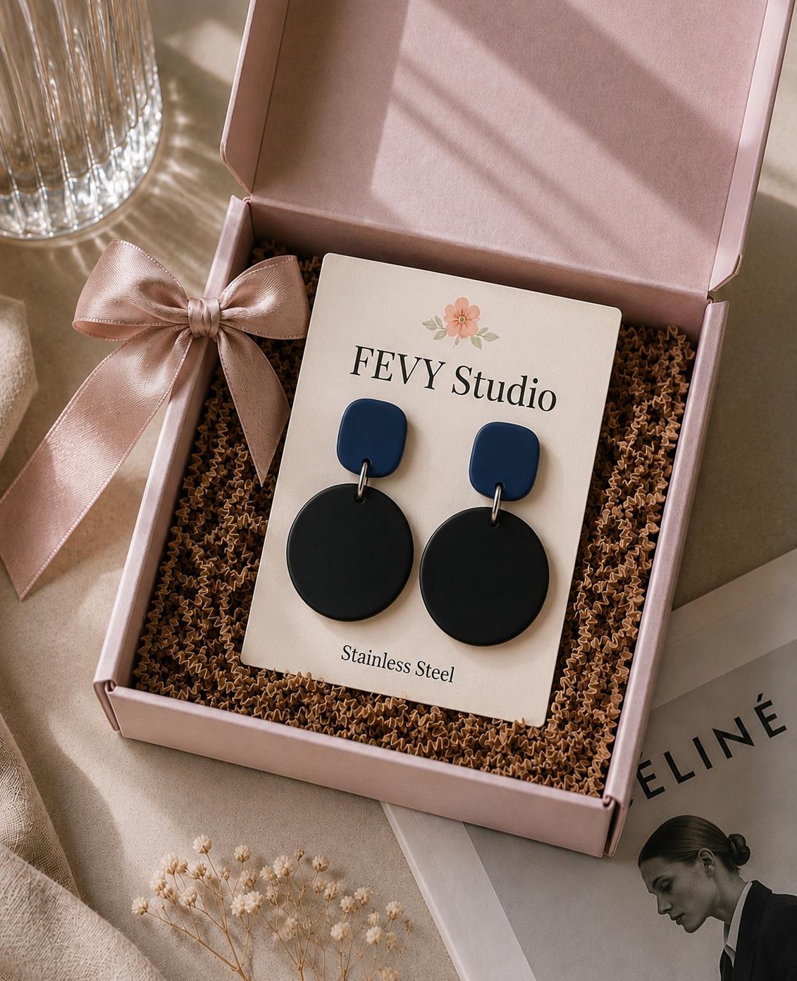 Statement Navy Blue Black Earrings | Handmade Polymer Clay Dangle Earrings | Lightweight Minimalist Jewelry | Gift for Her