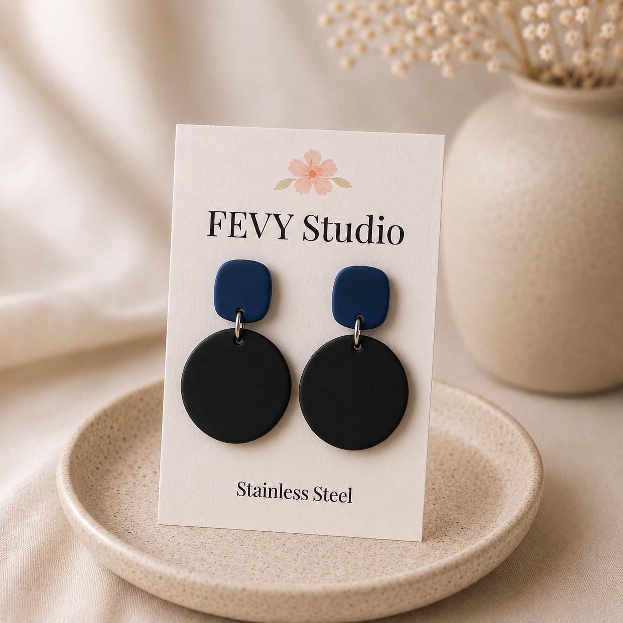 Navy Blue & Black Polymer Clay Earrings | Modern Statement Dangle Earrings | Lightweight Handmade Earrings | Stainless Steel Jewelry