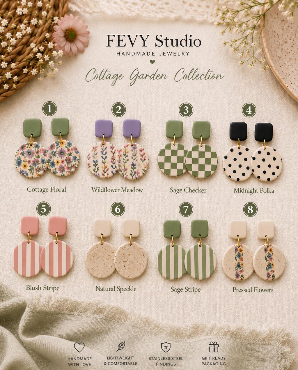 Handmade Polymer Clay Cottage Garden Earrings | Boho Floral Jewelry Collection