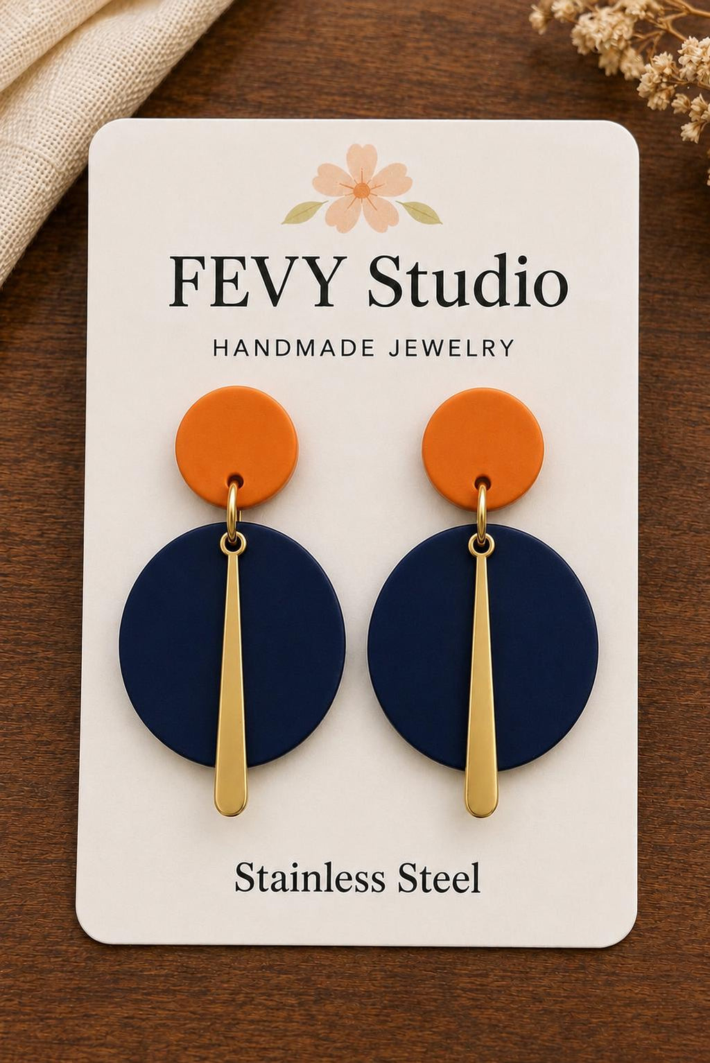 Navy Blue & Burnt Orange Statement Earrings | Handmade Polymer Clay Dangle Earrings | Lightweight Gold Stainless Steel Earrings
