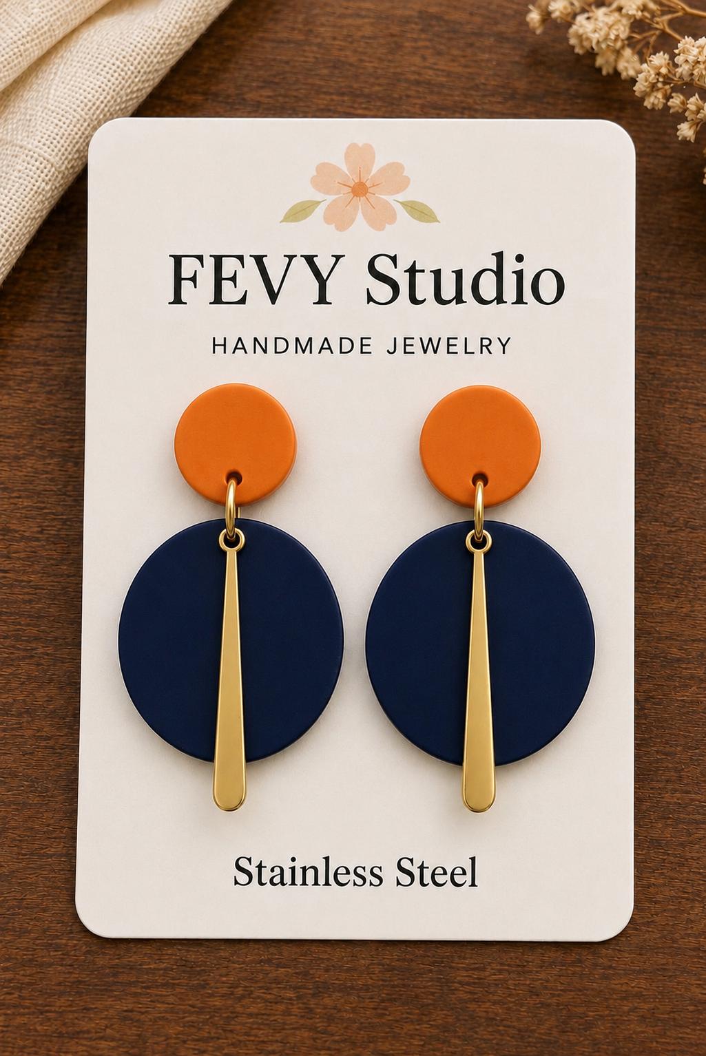 Navy Blue & Burnt Orange Statement Earrings | Handmade Polymer Clay Dangle Earrings | Lightweight Gold Stainless Steel Earrings