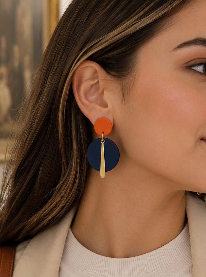 Navy Blue & Burnt Orange Statement Earrings | Handmade Polymer Clay Dangle Earrings | Lightweight Gold Stainless Steel Earrings