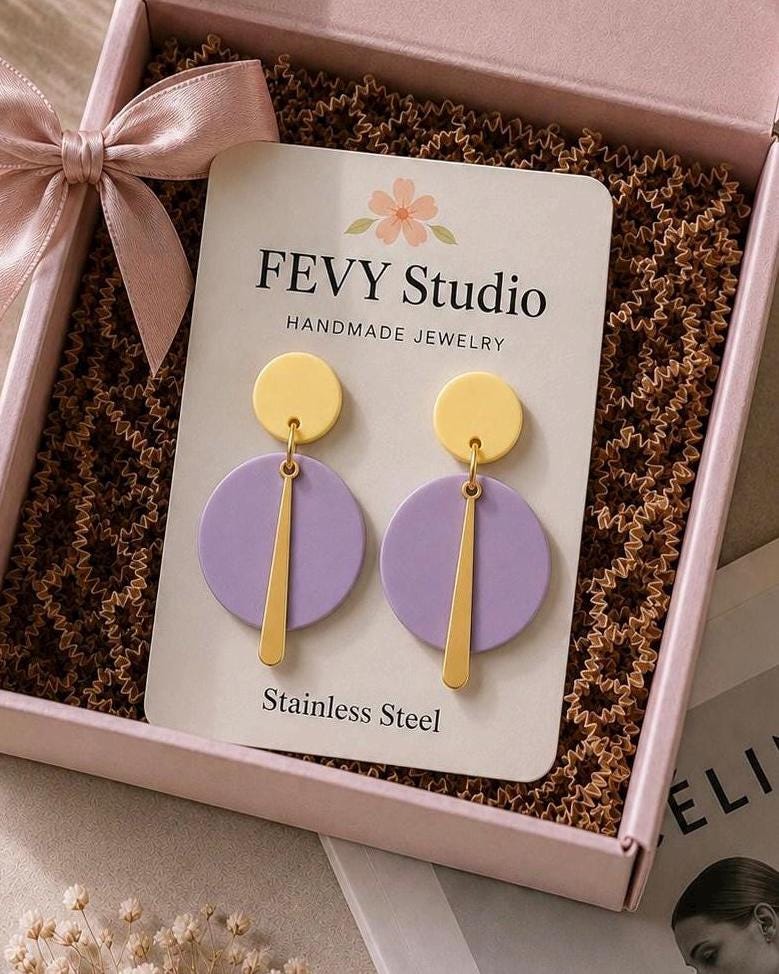 Butter Yellow Lilac Earrings | Pastel Polymer Clay Dangle Earrings | Lightweight Handmade Jewelry | Stainless Steel Gift for Her