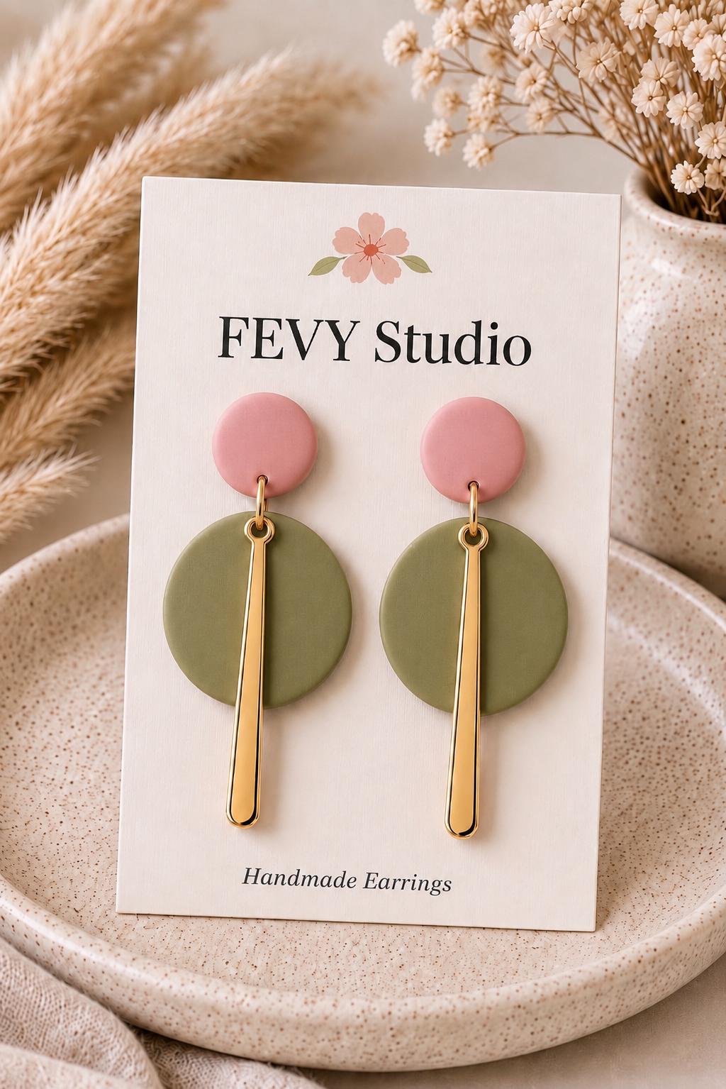 Modern Polymer Clay Earrings | Pink & Sage Green Gold Dangles | Lightweight Statement Earrings | Handmade Minimalist Jewelry Gift for Women