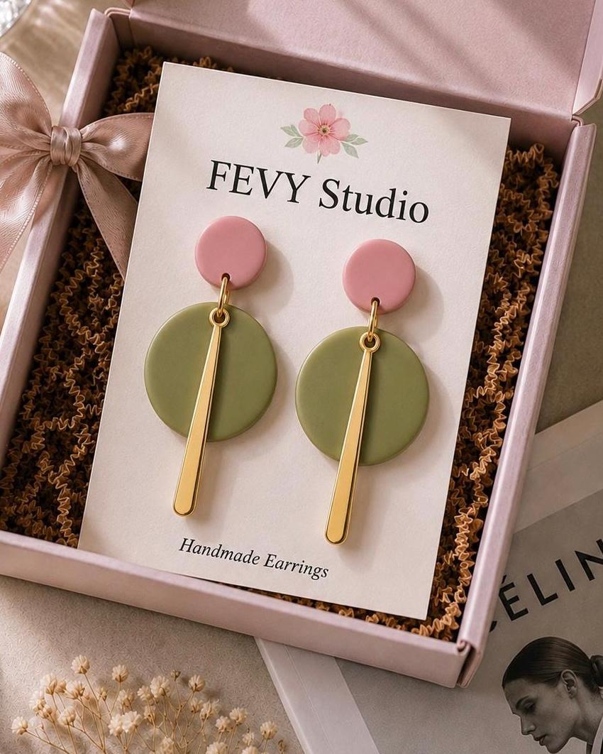 Modern Polymer Clay Earrings | Pink & Sage Green Gold Dangles | Lightweight Statement Earrings | Handmade Minimalist Jewelry Gift for Women