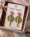 Modern Polymer Clay Earrings | Pink & Sage Green Gold Dangles | Lightweight Statement Earrings | Handmade Minimalist Jewelry Gift for Women