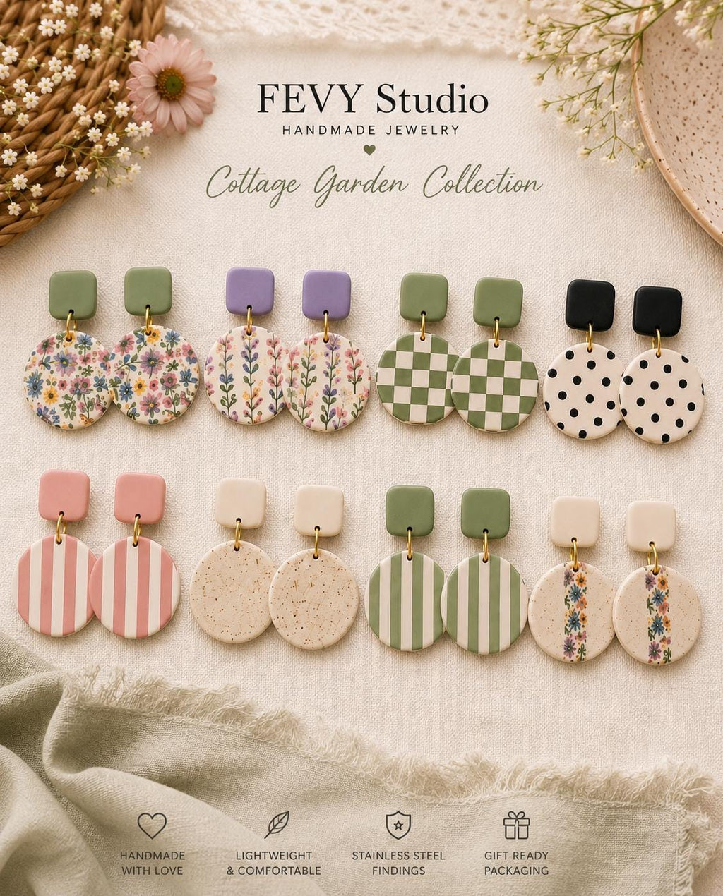 Sage Green Checkerboard Polymer Clay Dangle Earrings | Retro Boho Lightweight Jewelry
