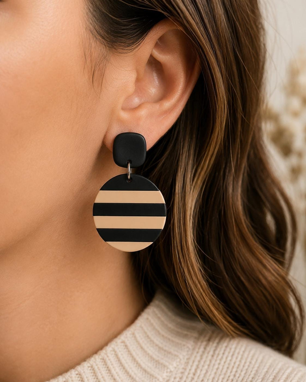 Black & Beige Striped Polymer Clay Earrings | Handmade Statement Dangle Earrings | Modern Minimalist Jewelry | Stainless Steel