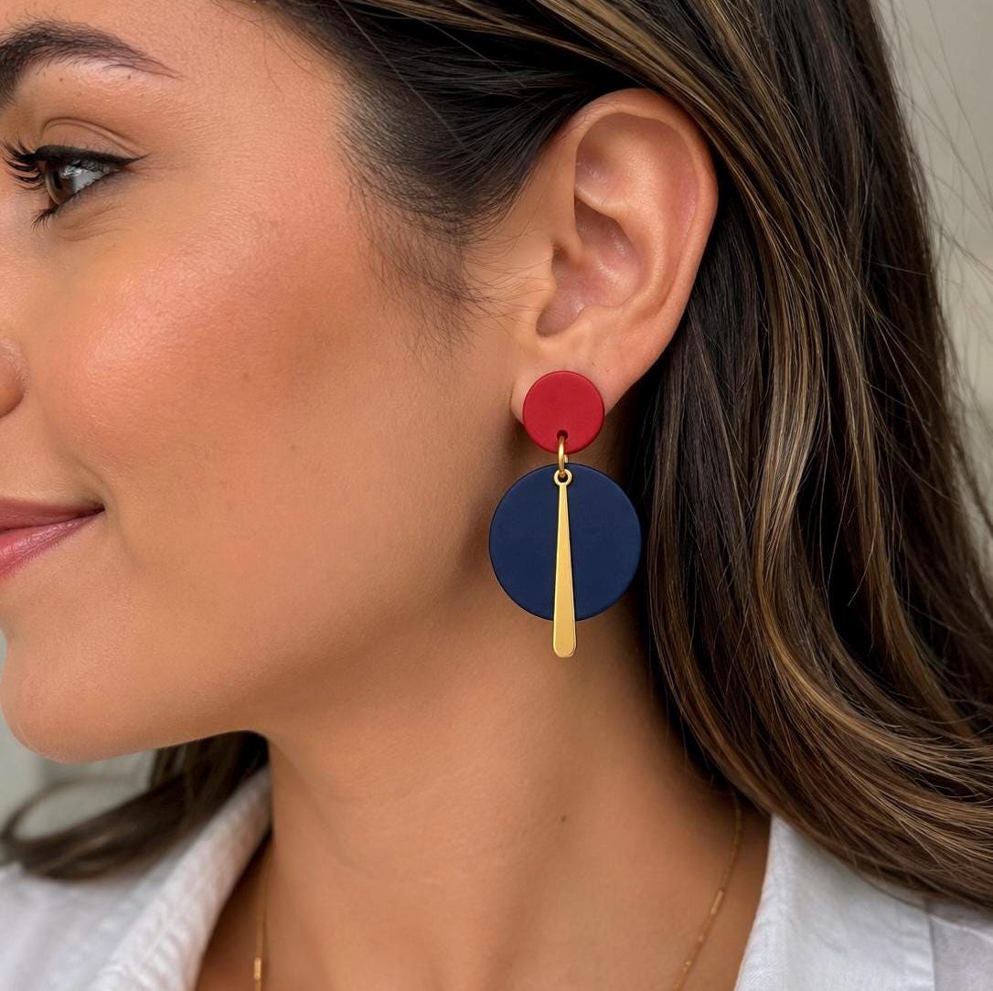 Navy Blue & Red Statement Earrings, Modern Geometric Polymer Clay Earrings, Gold Bar Dangle Earrings, Lightweight Stainless Steel Jewelry