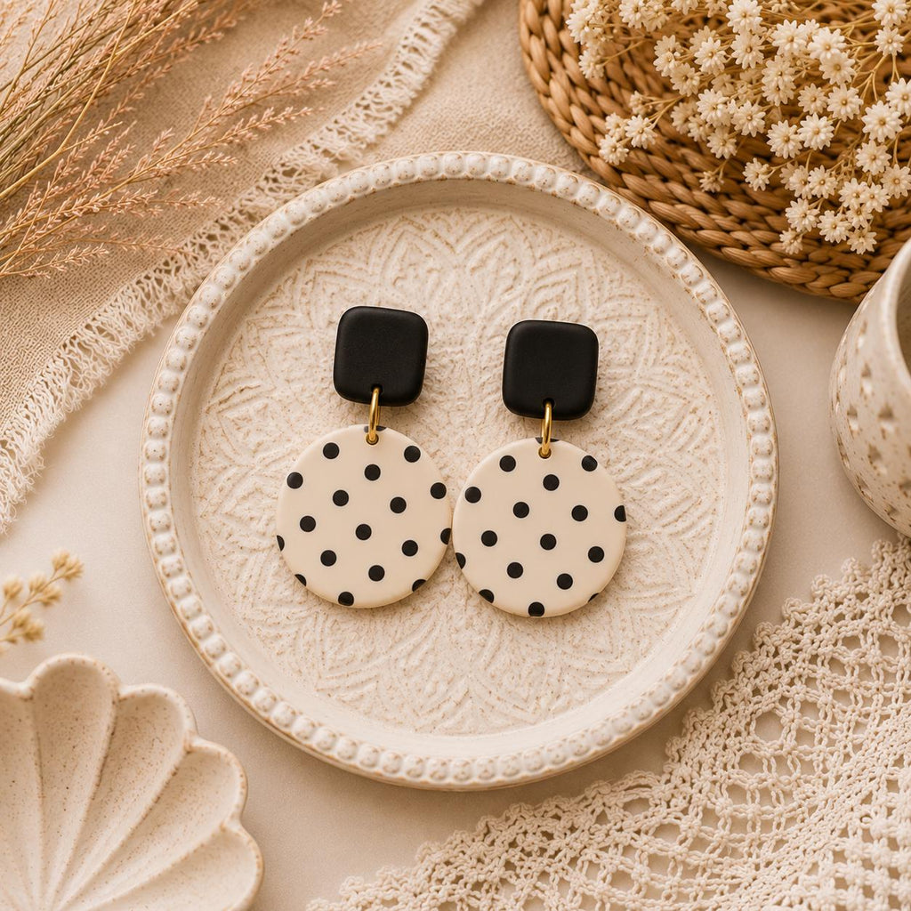 Handmade Black Ivory Polka Dot Polymer Clay Earrings | Minimalist Dangle Jewelry