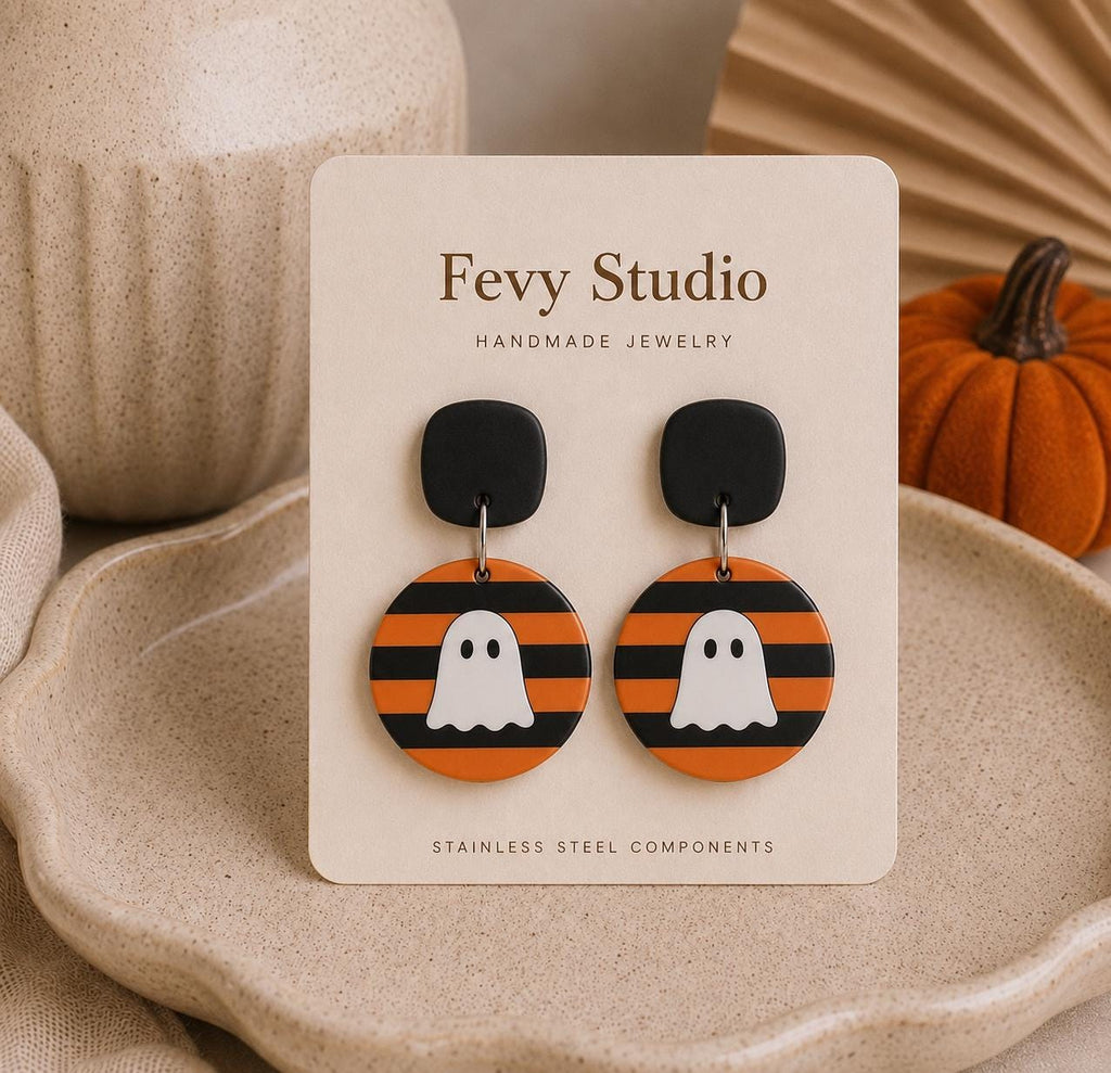 Handmade Halloween Ghost Earrings, Orange Black Stripe Dangle Jewelry