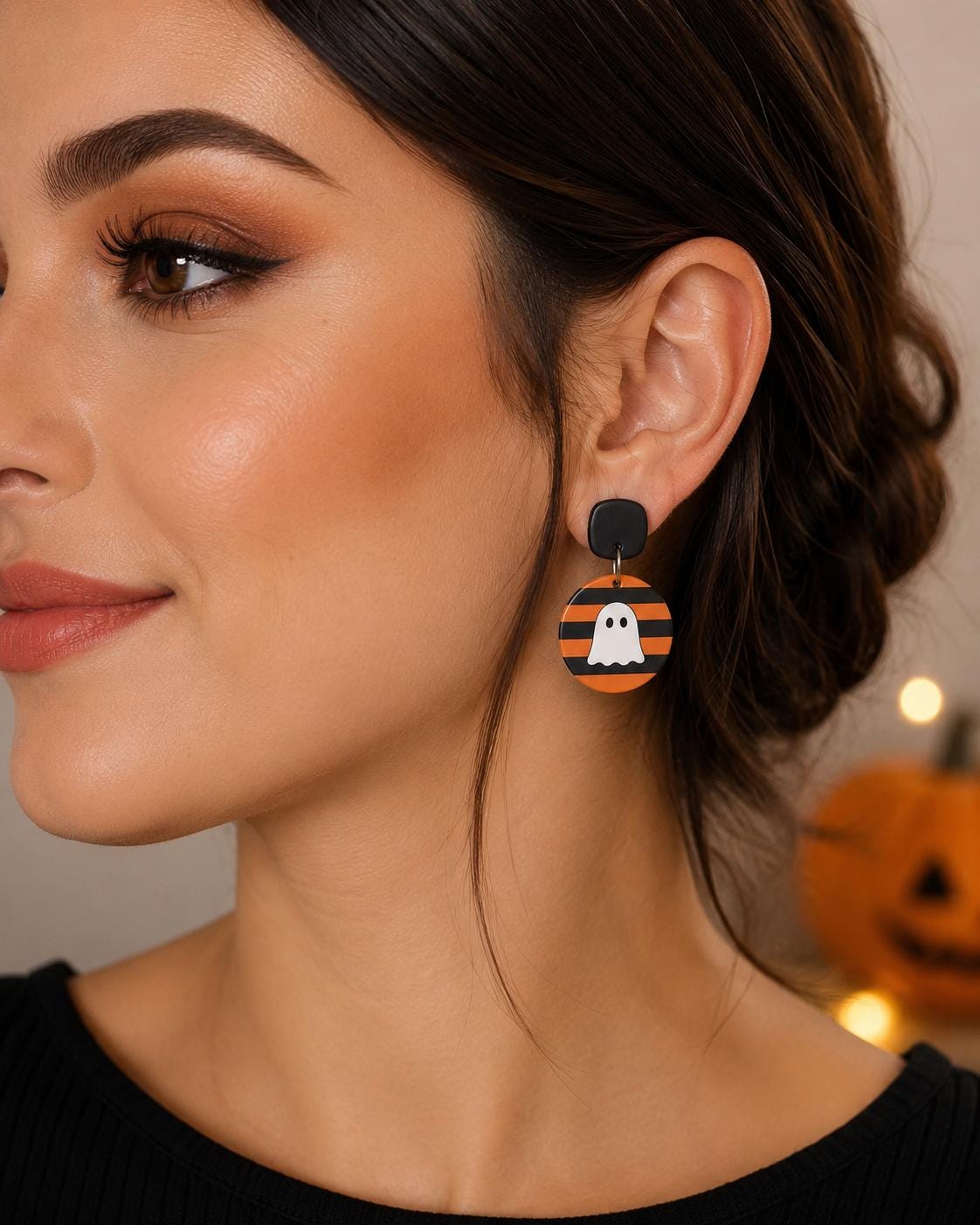 Handmade Halloween Ghost Earrings, Orange Black Stripe Dangle Jewelry