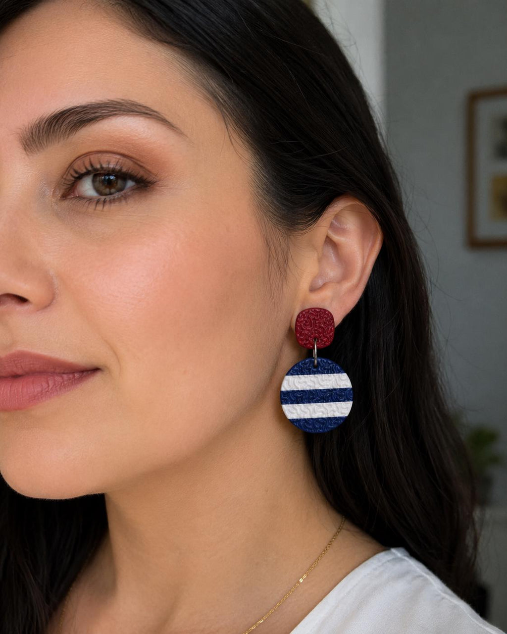Nautical Stripe Polymer Clay Dangle Earrings, Textured Coastal Statement Jewelry