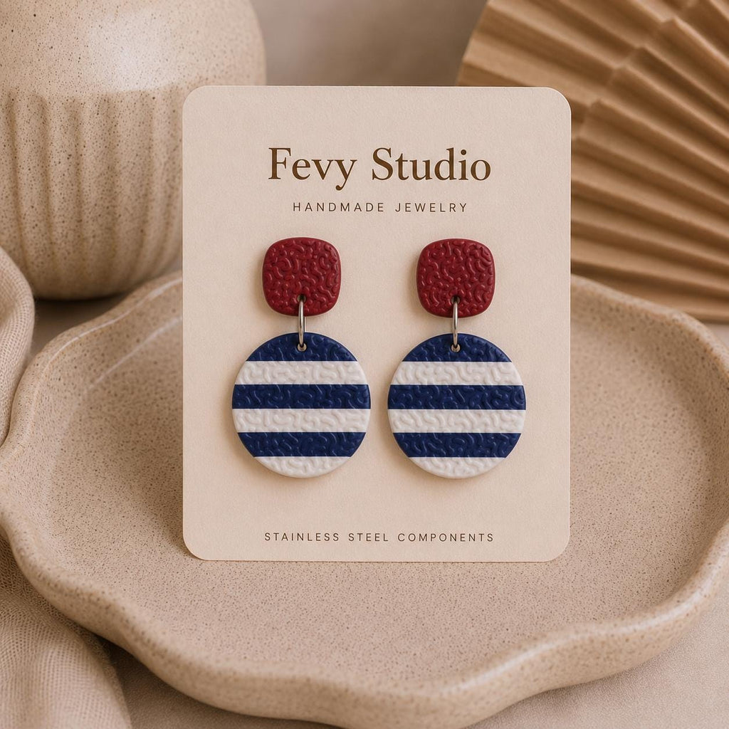 Nautical Stripe Polymer Clay Dangle Earrings, Textured Coastal Statement Jewelry