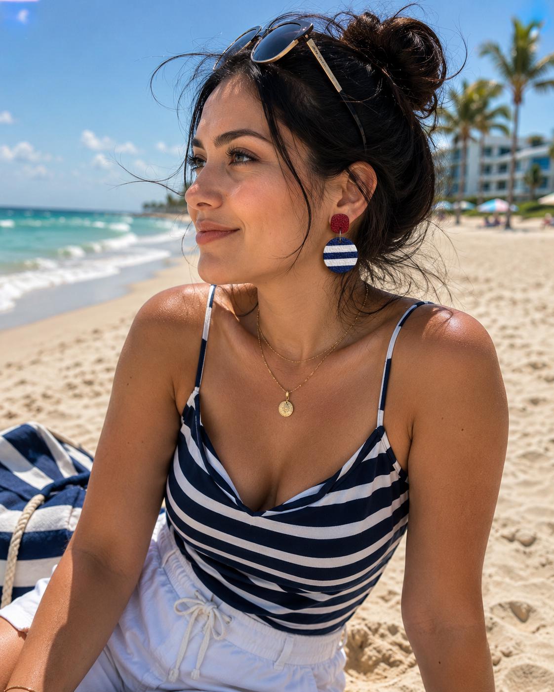 Nautical Stripe Polymer Clay Dangle Earrings, Textured Coastal Statement Jewelry