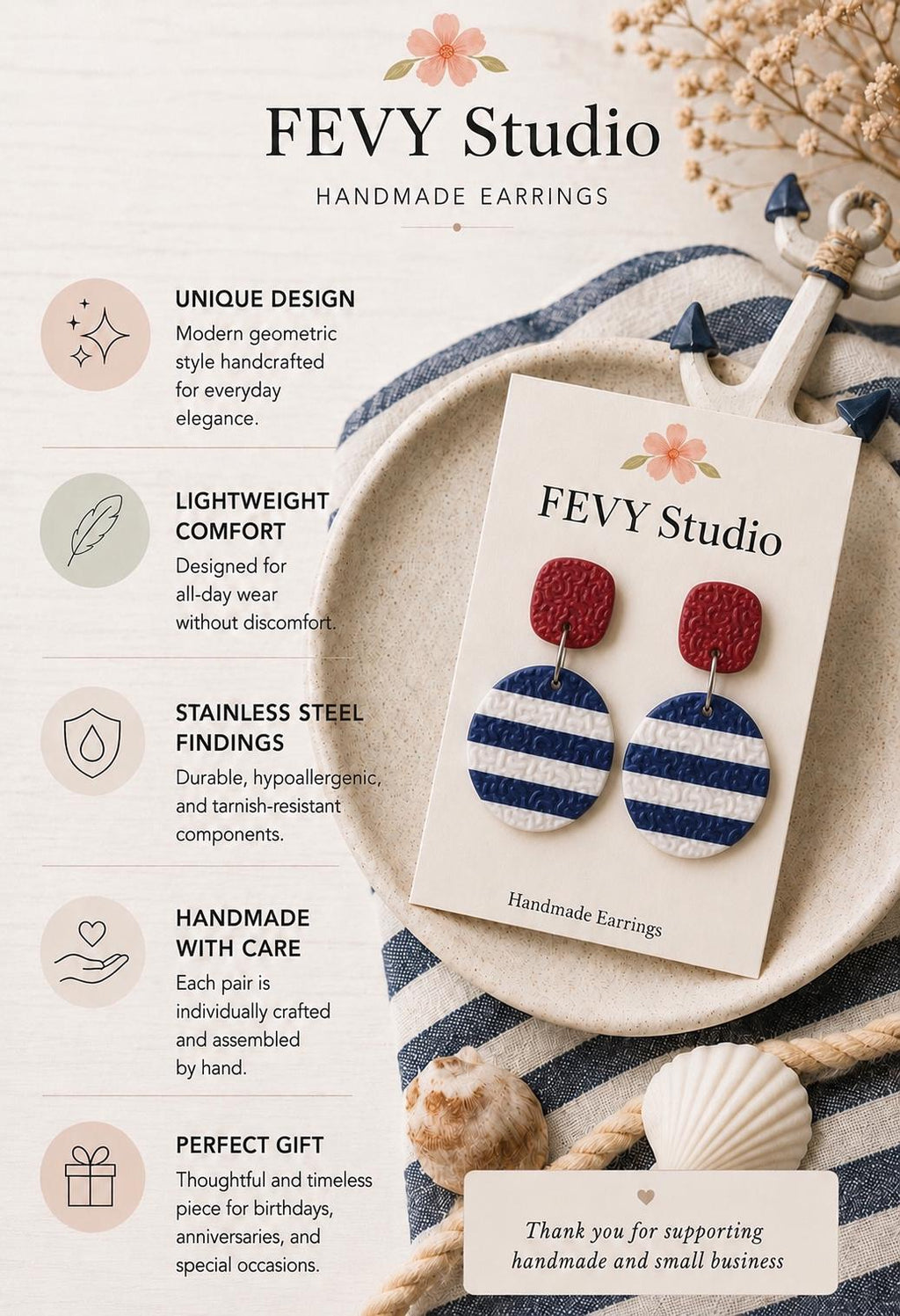 Nautical Stripe Polymer Clay Dangle Earrings, Textured Coastal Statement Jewelry